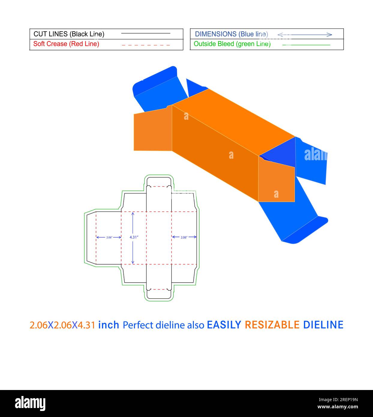 Kundenspezifische Faltbox mit geradem Ende, 2,06 x 2,06 x 4,31 Zoll Dieline-Vorlage und 3D-Vektordatei Stock Vektor