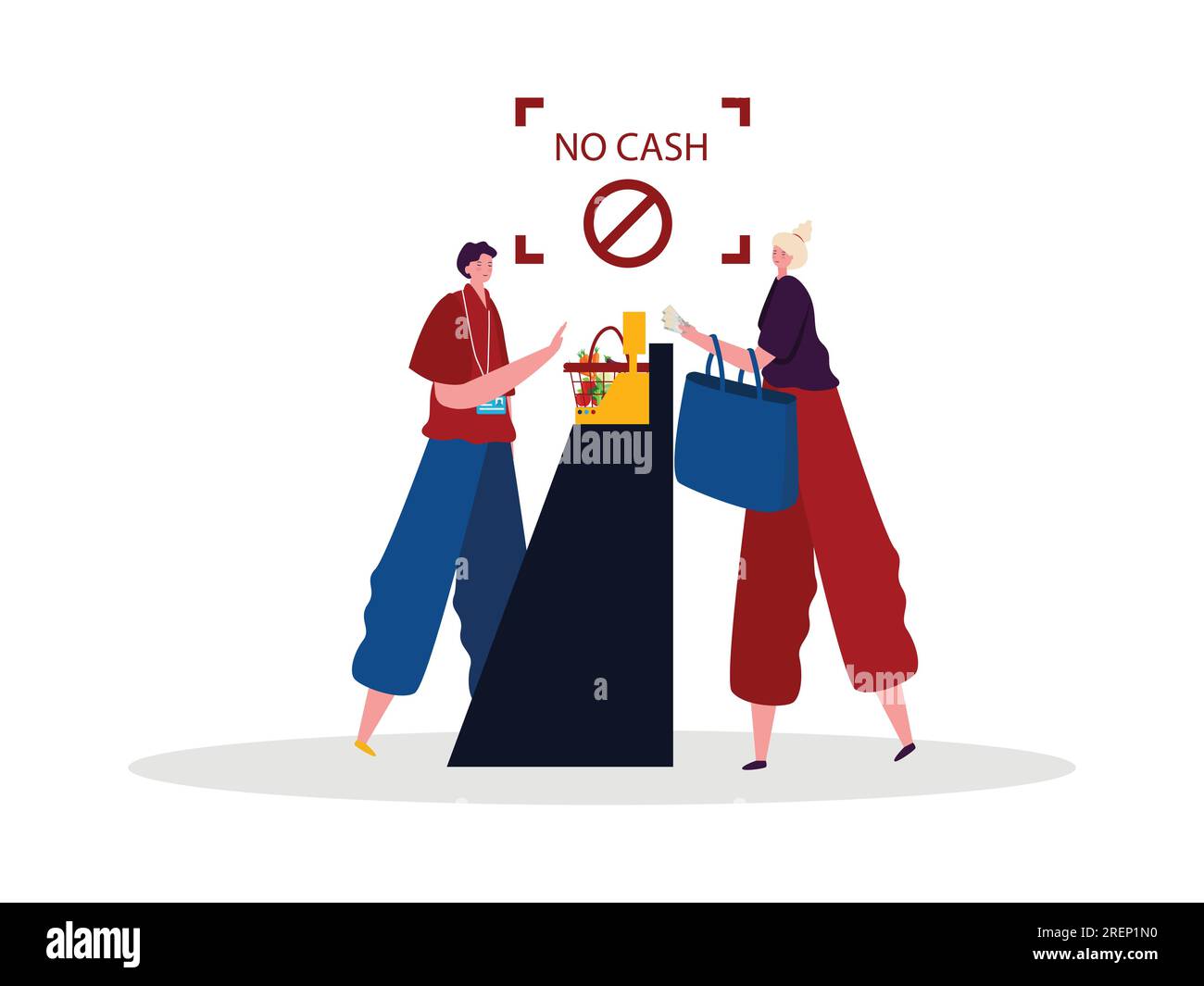 Keine Barzahlung Kassierer kaufen bargeldlose Computertechnik Transaktion und Kundin kauft Lebensmittelmarkt Stock Vektor