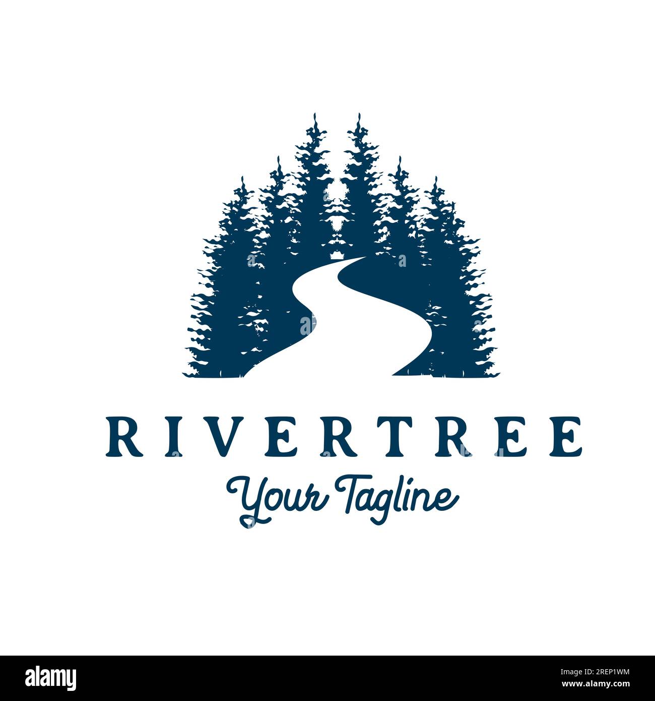Hemlock Fir Forest Pine Tree mit River River Logo. Retro-Vintage-Design. Stock Vektor