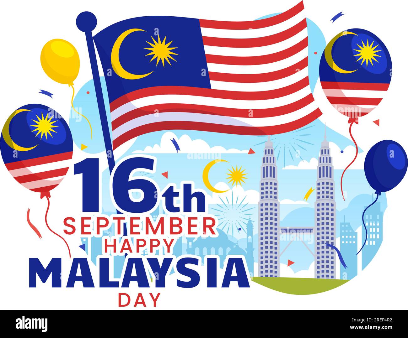 Happy Malaysia Day Celebration Vector Illustration am 16. September mit Waving Flag und Twin Towers in Flat Cartoon handgezeichneten Vorlagen Stock Vektor