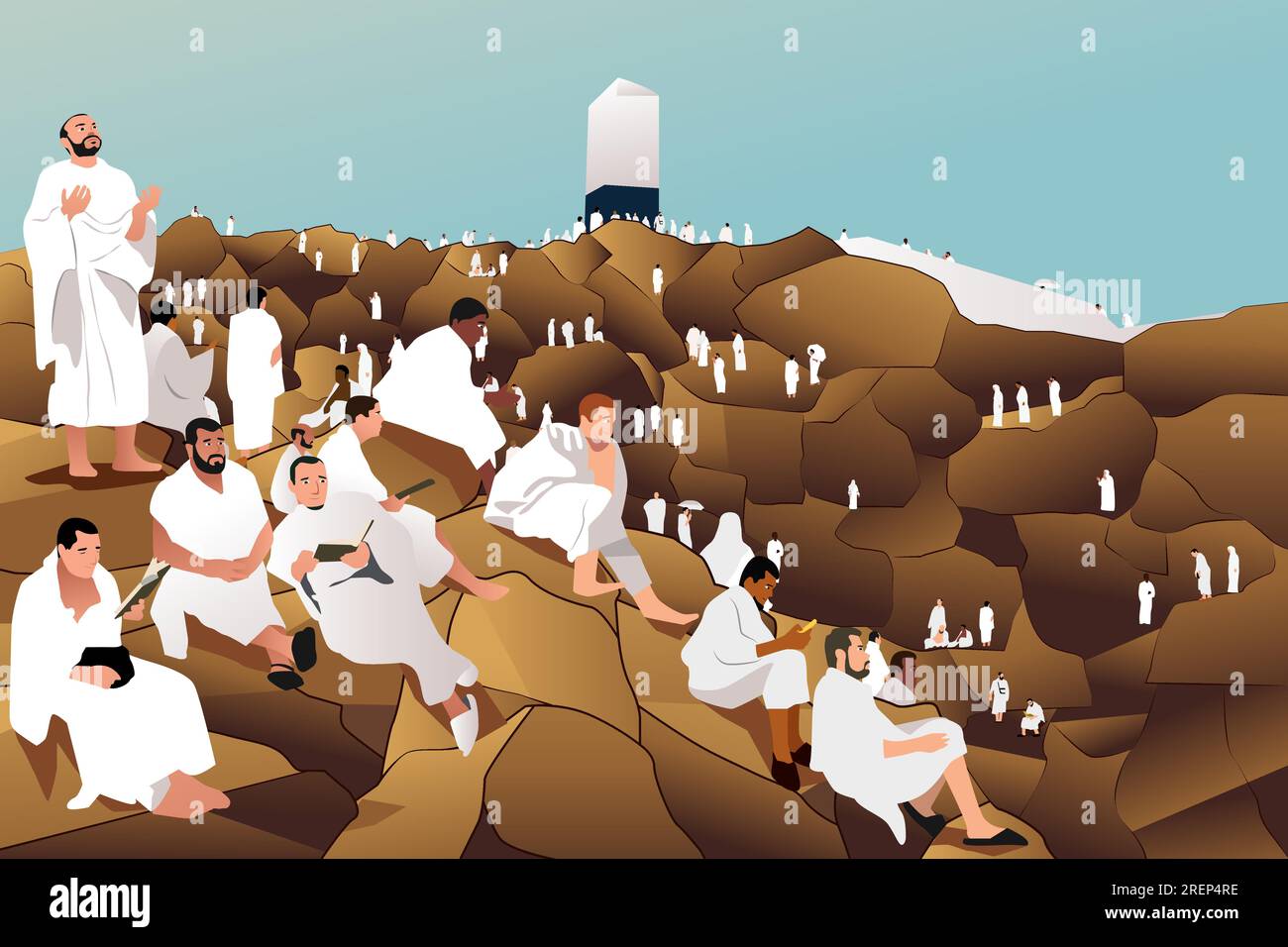 Ein Vektorbild muslimischer Pilger, die in Kaaba in Mekka beten Stock Vektor