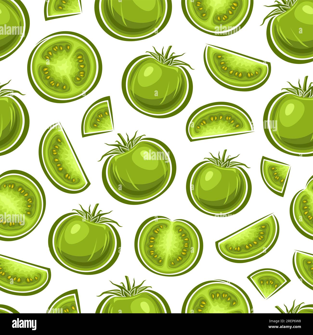 Vector Green Tomato Nahtloses Muster, Hintergrund mit verschiedenen gehackten Gartentomaten für Bettwäsche wiederholen, dekoratives quadratisches Poster mit einer Gruppe von Fla Stock Vektor