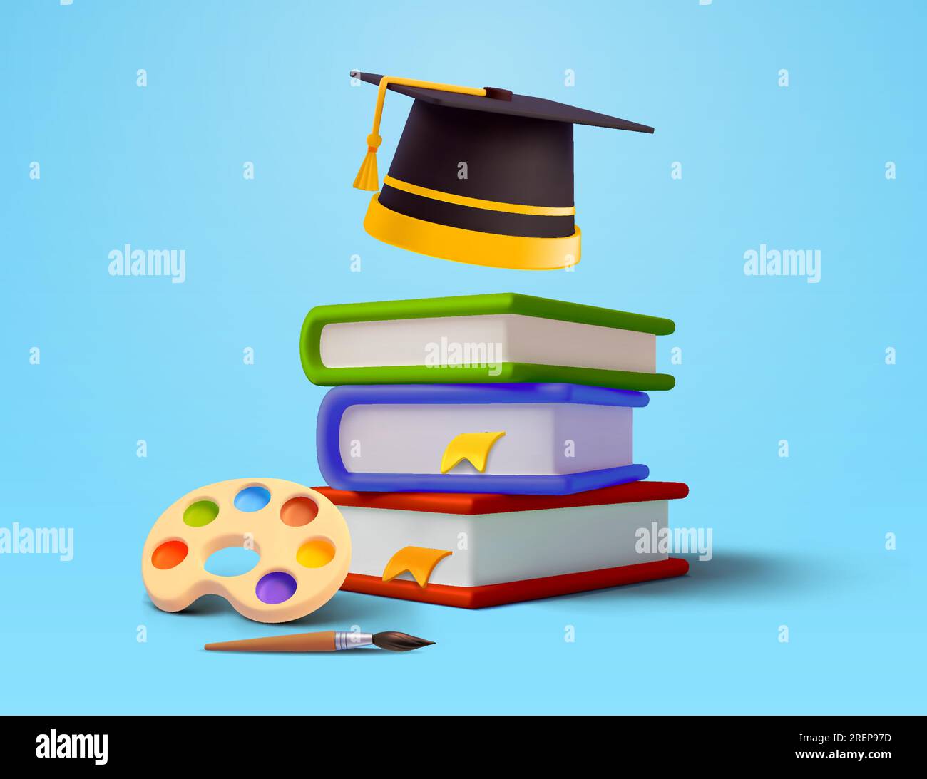 3D Stapel Bücher, Malerpalette, Pinsel, Graduierungskappe oder Hut, isoliert auf Hintergrund. Konzept für Back-to-School-Banner, Kunst oder Zeichnen, Lernen und Lernen. 3D-Vektordarstellung. Vektordarstellung Stock Vektor