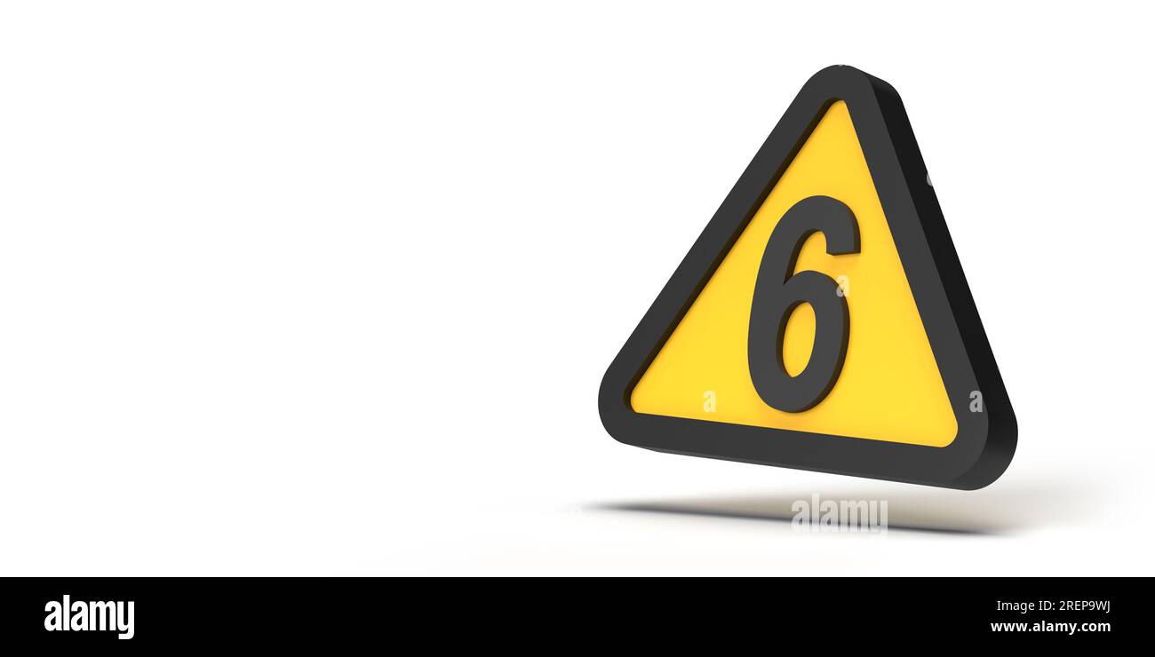 Achtung: Warndreieck mit Symbol Nummer 6 auf gerahmtem gelbem geometrischem Symbol auf weißem, leerem Hintergrund. 3D Raum für Konstruktionskopie rendern Stockfoto