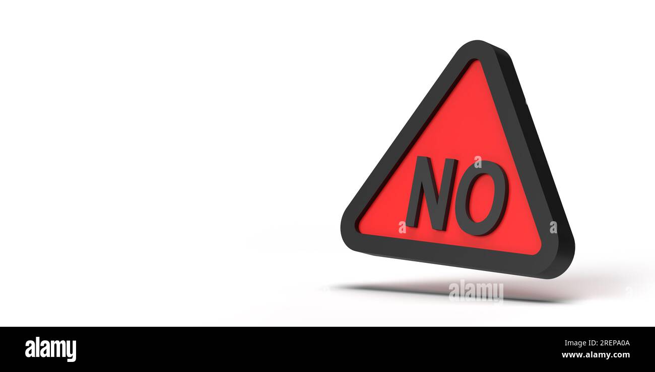 Vorsichtshinweis: Kein Warndreiecksymbol auf gefährlichem rotem geometrischem Symbol, weißer leerer Hintergrund. 3D Platzvorlage für Konstruktionskopie rendern. Stockfoto