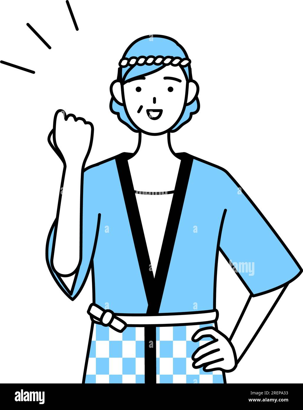 Seniorin trägt Happi-Mantel bei Sommerfestivals und posiert mutig, Vector-Illustration Stock Vektor