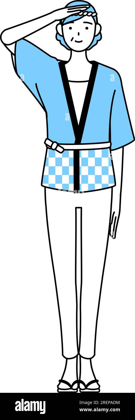 Seniorin trägt Happi-Mantel bei den Sommerfestivals und salutiert, Vector Illustration Stock Vektor