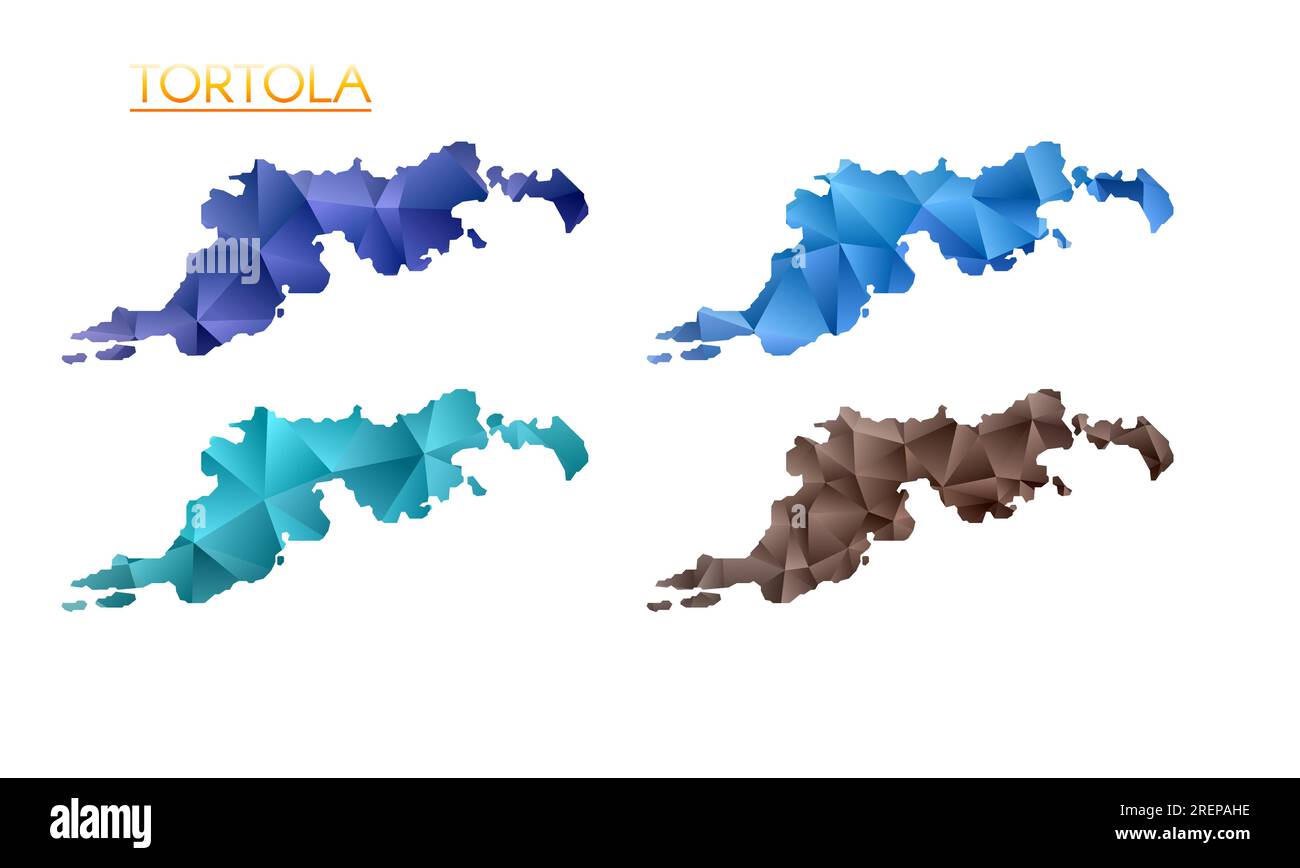 Satz von polygonalen Vektorkarten von Tortola. Helle Gradientenkarte der Insel im niedrigen Poly-Stil. Mehrfarbige Tortola-Karte im geometrischen Stil für Ihre Infogra Stock Vektor