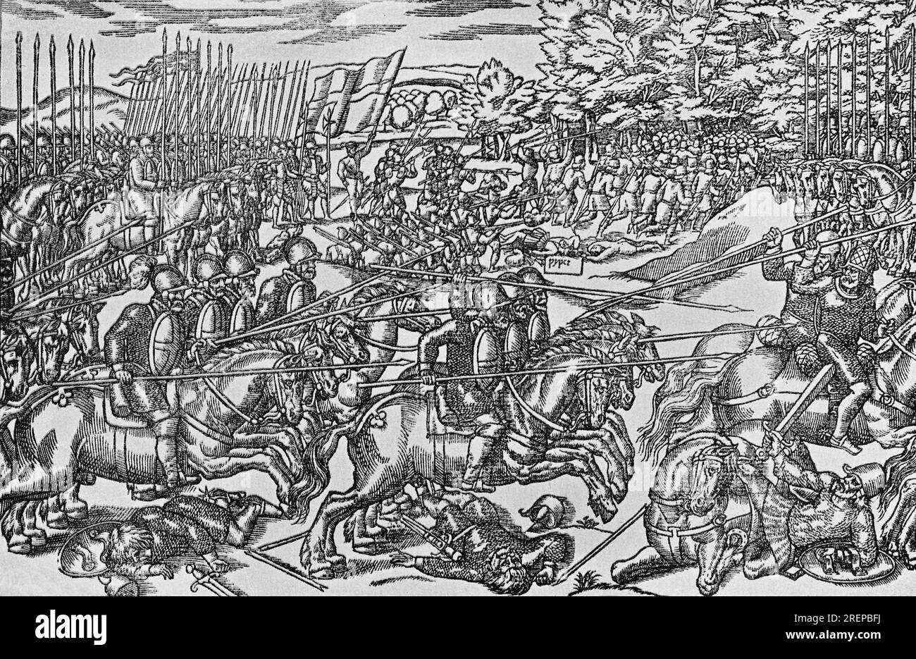 Eine Illustration aus dem 16. Jahrhundert von John Derricke (1578-1581) eines englischen Kavallerievorfalls während einer Schlacht. Derricke war Autor und Künstler von „The Image of Irelande, with a Discoverie of Woodkarne“, einem Buch, das die irischen Kampagnen von Lord Deputy Henry Sidney beschreibt, das 1581 veröffentlicht wurde. Stockfoto