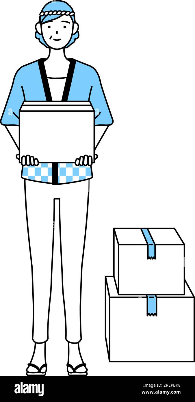 Seniorin trägt Happi-Mantel bei Sommerfestivals und trägt Kartons, Vector-Illustration Stock Vektor