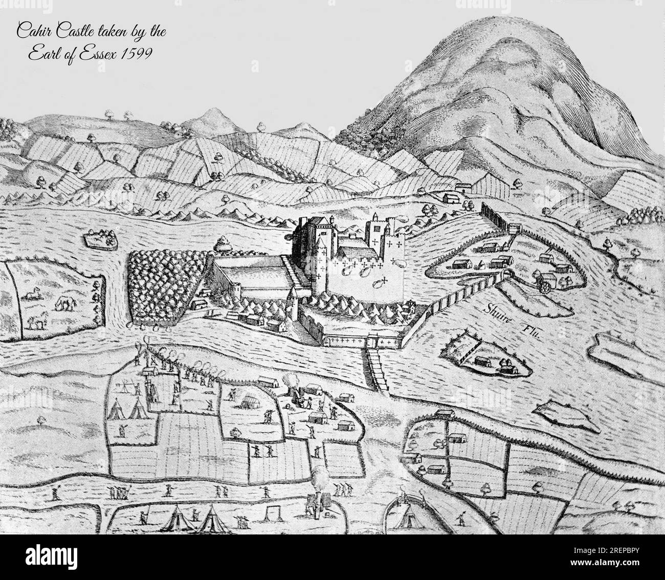 Eine Illustration aus dem 16. Jahrhundert der Aufnahme von Cahir Castle, erbaut um 1142 von Conchobar UA Briain, König von Thomond, County Tipperary, Irland. 1599 wurde die Burg nach einer dreitägigen Belagerung durch die Armee des Grafen von Essex erobert und ein Jahr lang Sir Charles Blount unterstellt. Stockfoto