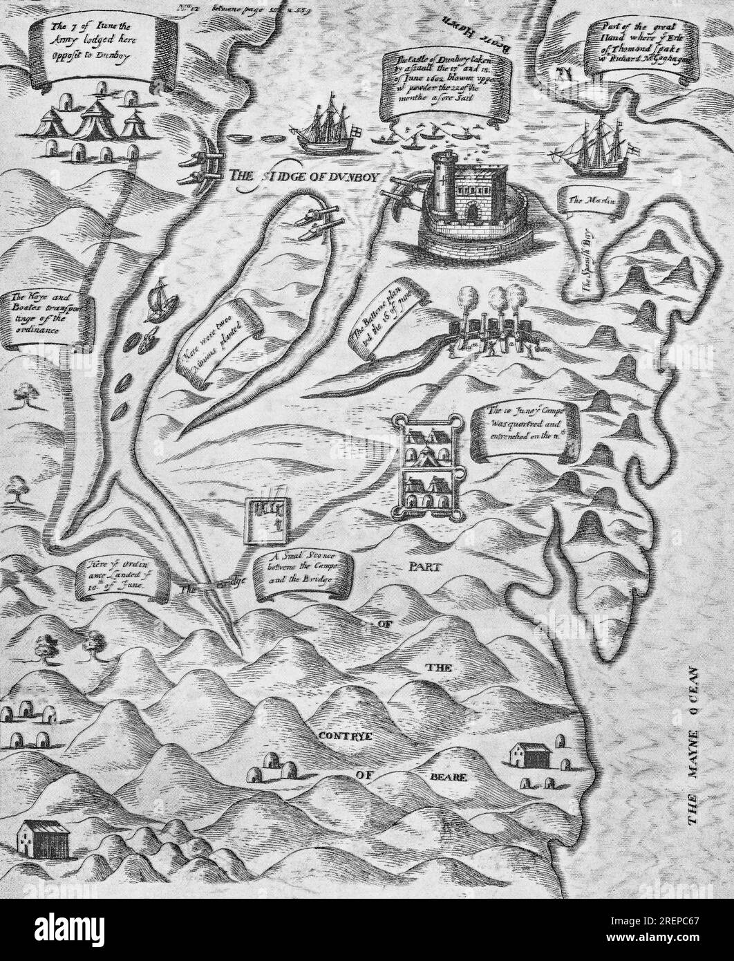 Eine Illustration aus dem 17. Jahrhundert der Belagerung von Dunboy in der Nähe der Stadt Castletownbere in Count Cork, Irland. Die Schlacht fand zwischen dem 5. Juni und dem 18. Juni 1602 in Dunboy Castle während des 9-jährigen Krieges in Irland statt. Es war eine der letzten Schlachten des Krieges. Eine englische Armee von bis zu 5.000 unter Sir George Carew belagerte die Burg, die von einer gälischen irischen Truppe von 143 loyal zu Donal Cam O'Sullivan Beare gehalten wurde. Die Engländer nahmen das Schloss nach elf Tagen ein und hängten die meisten Gefangenen auf. Stockfoto