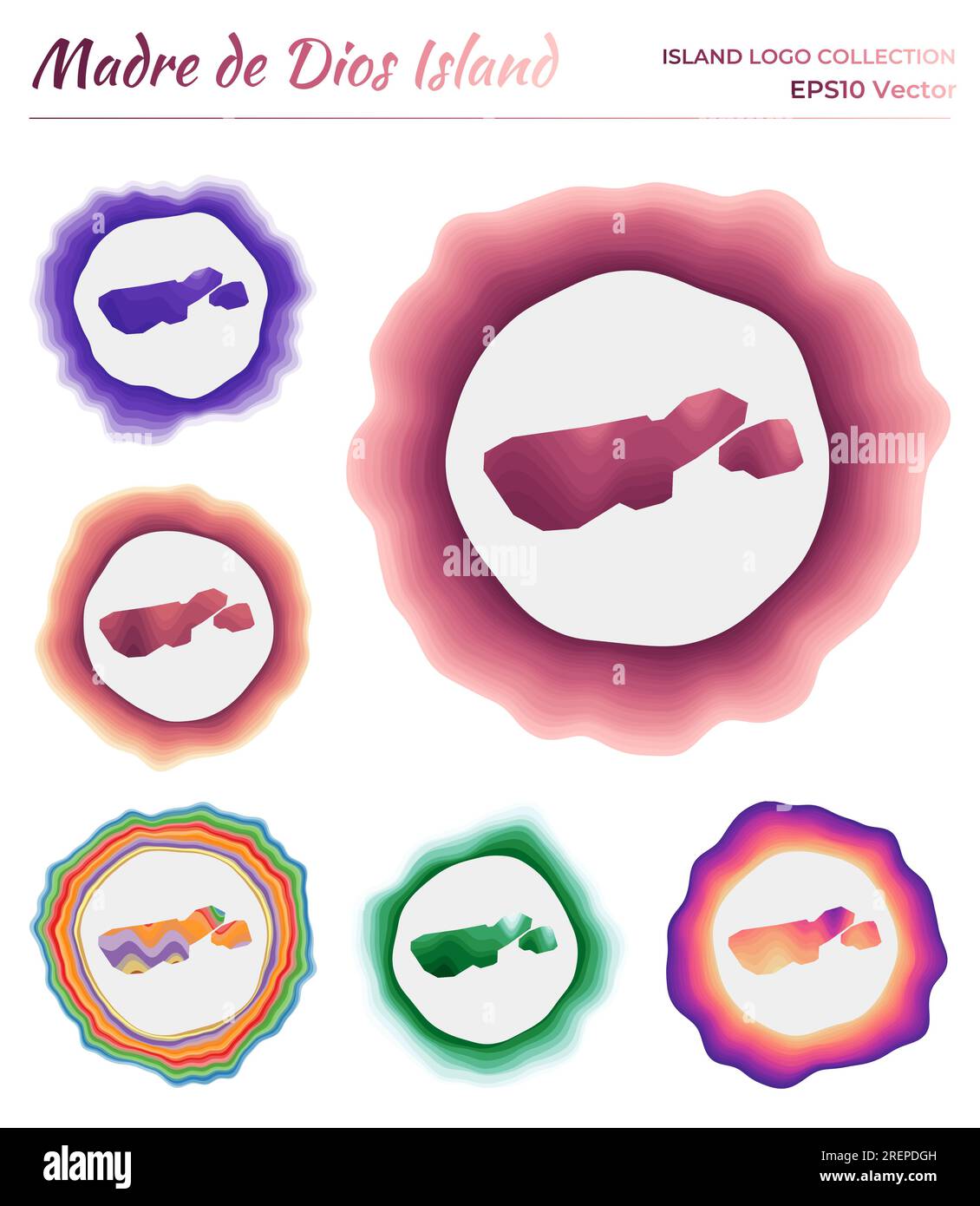 Madre de Dios Logo-Kollektion. Farbenfrohes Abzeichen der Insel. Schichten um die Grenzform der Insel Madre de Dios. Vektordarstellung. Stock Vektor