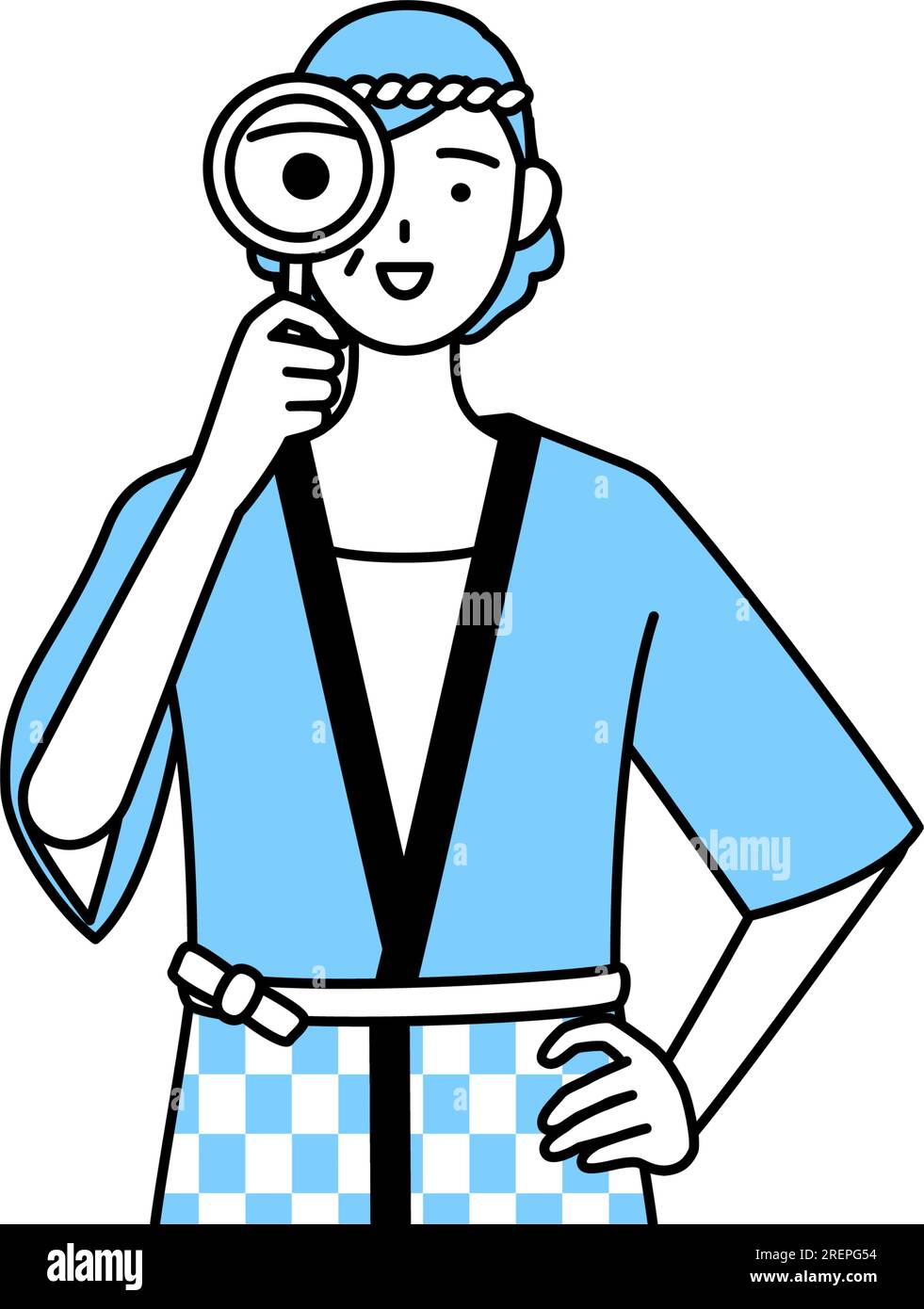 Seniorin trägt Happi-Mantel für Sommerfestivals, sieht durch Lupen, Vector-Illustration Stock Vektor