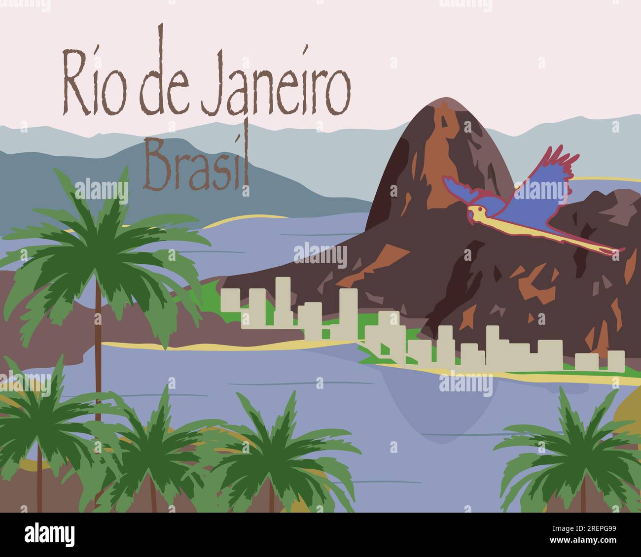 Rio de Janeiro, Brasilien. Tropische Landschaft von Rio in Brasilien mit Zuckerhut, Palmen, Papageienvögeln und der Bucht. Reise- und Tourismuskonzept. Stockfoto