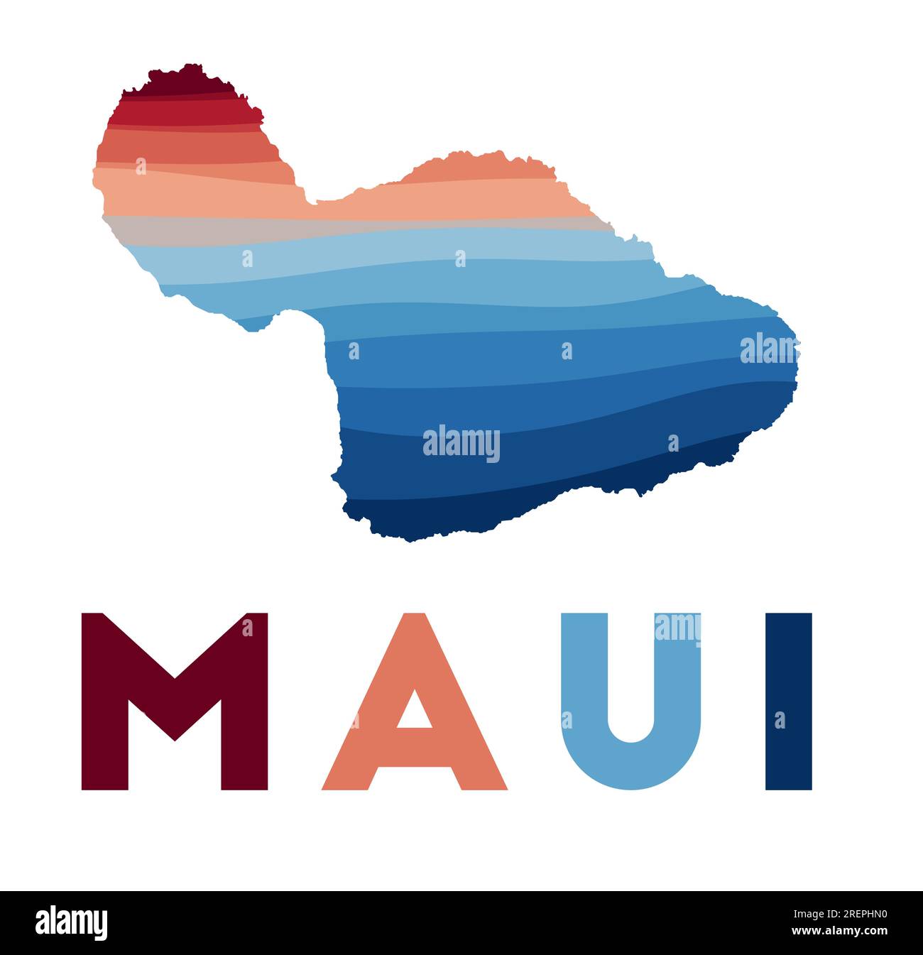 Maui-Karte. Karte der Insel mit wunderschönen geometrischen Wellen in rot-blauen Farben. Lebendige Maui-Form. Vektordarstellung. Stock Vektor