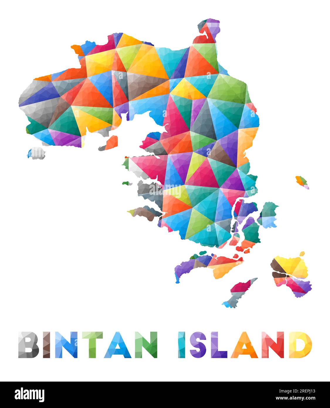 Bintan Island - farbenfrohe niedrige Poly-Insel-Form. Mehrfarbige geometrische Dreiecke. Modernes, trendiges Design. Vektordarstellung. Stock Vektor