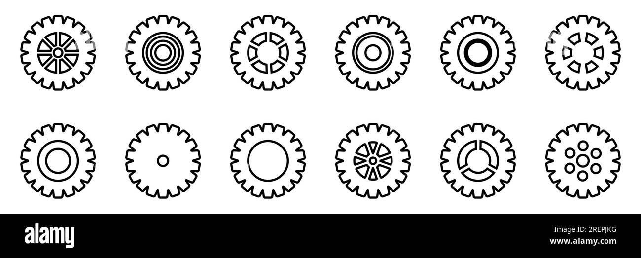 Symbolsatz Gänge. Symbol für Gangeinstellung. Sammlung mechanischer Zahnräder. Einfache Zahnradsammlung. Silhouette mit Zahnradsymbolen. Vector Illustrati Stock Vektor