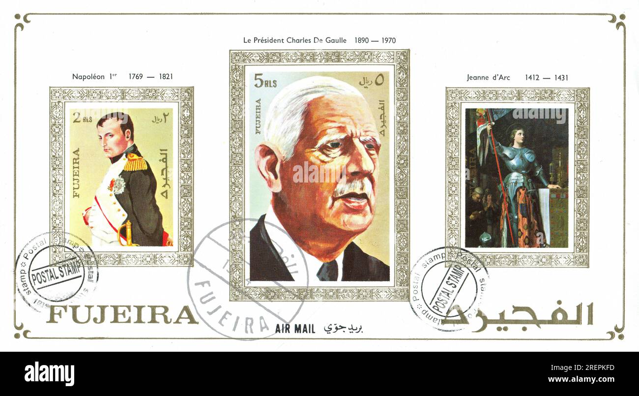 FUJEIRA - CIRCA 1974: Stempel gedruckt von Fujeira, zeigt berühmte Leute, Jeanne d'Arc, Charles de Gaulle, Napoleon Bonaparte, Ungefähr 1974 Stockfoto