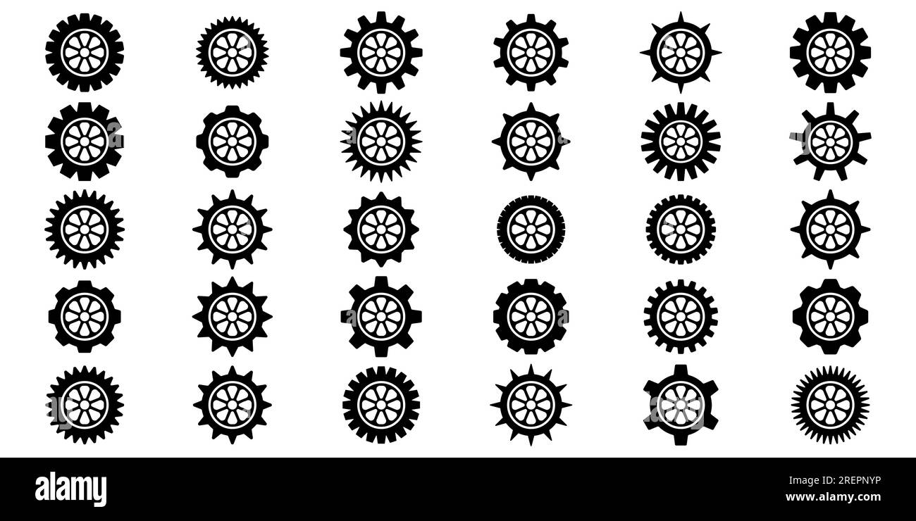 Symbolsatz Gänge. Symbol für Gangeinstellung. Sammlung mechanischer Zahnräder. Einfache Zahnradsammlung. Zahnradsymbole. Vektordarstellung mit Zahnrädern Stock Vektor