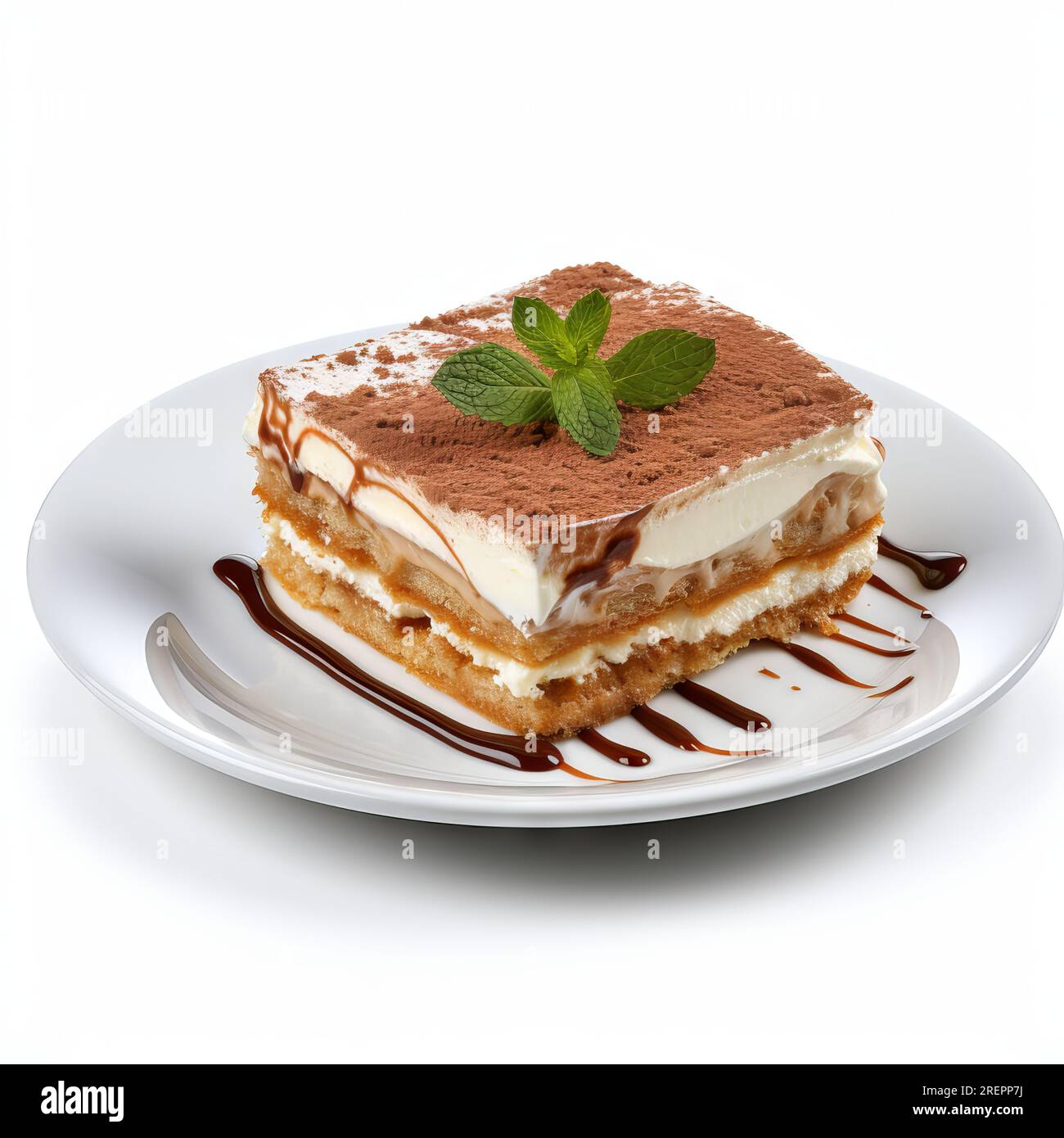 Klassisches Tiramisu-Dessert auf Keramikplatte isoliert auf weißem Hintergrund Stockfoto