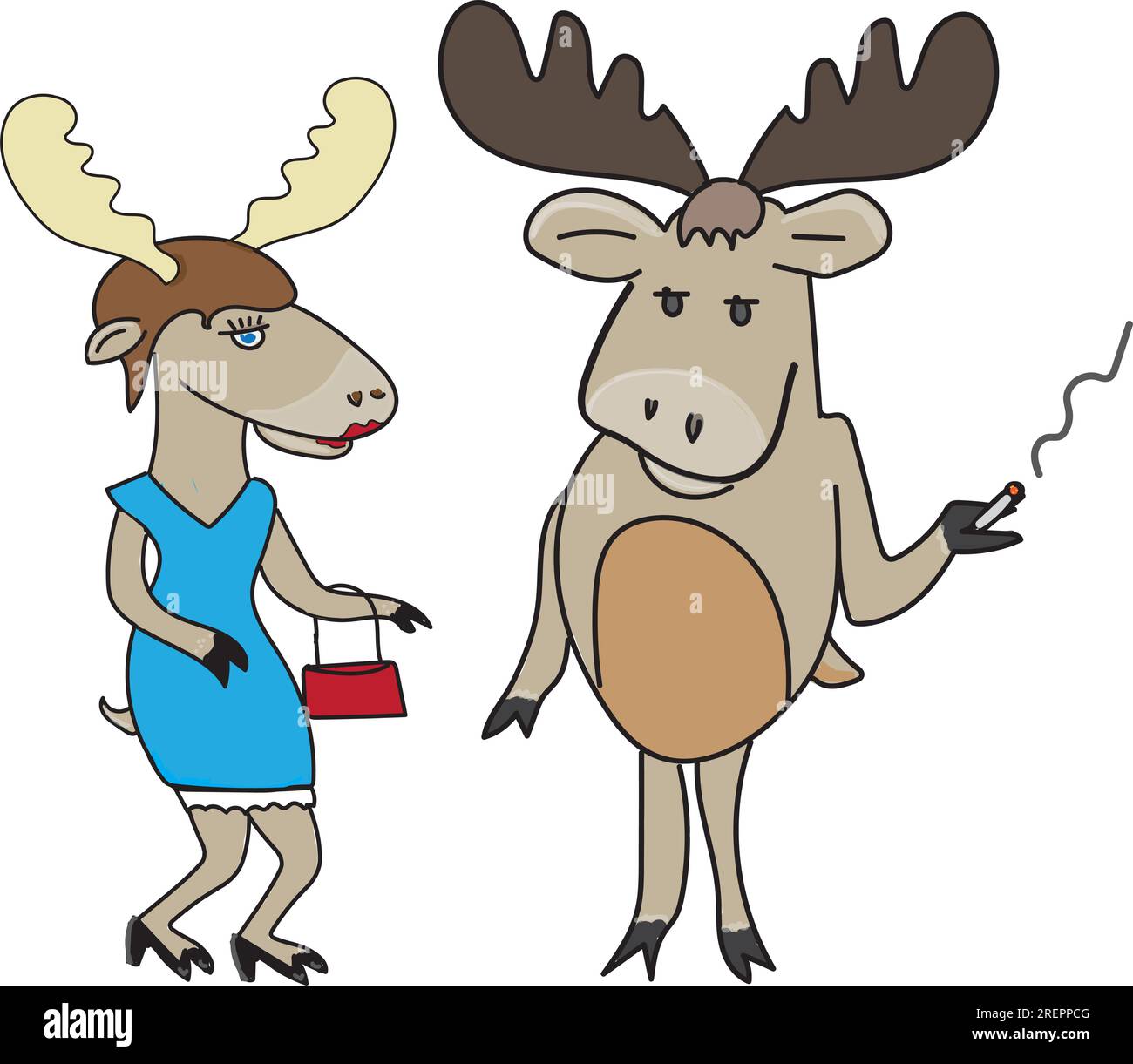 Zwei anthropomorphe Elche, Rentier-Illustration, rauchendes Tier Stock Vektor