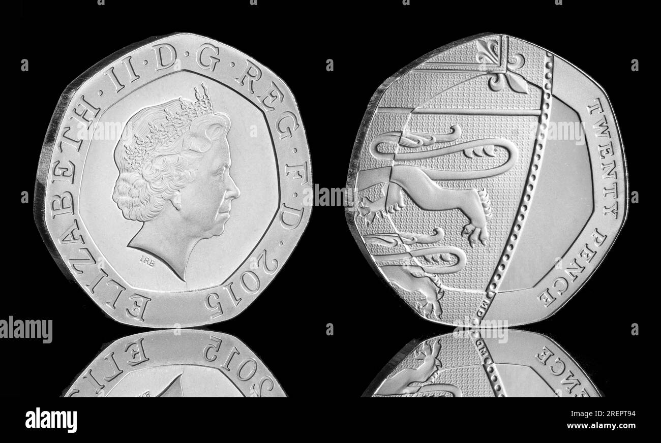 2015 20-Pence-Münze, die 5. Niedrigste Stückelung der britischen Währung Stockfoto