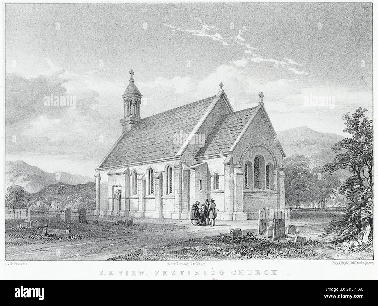 S. E. View, Festiniog Kirche, ca. 1840 von George Hawkins Stockfoto