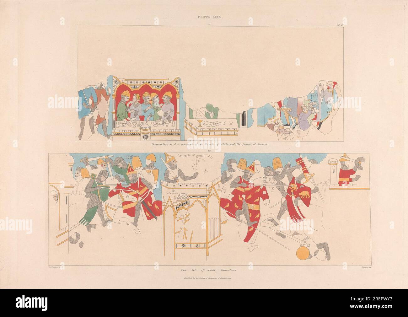 Vol. 6, Plate XXXV: Fortsetzung, wie man von den Wundern Elishas und der Hungersnot Samarias ausgeht. Die Akten von Judas Maccabeus. 1842 von James Basire Stockfoto