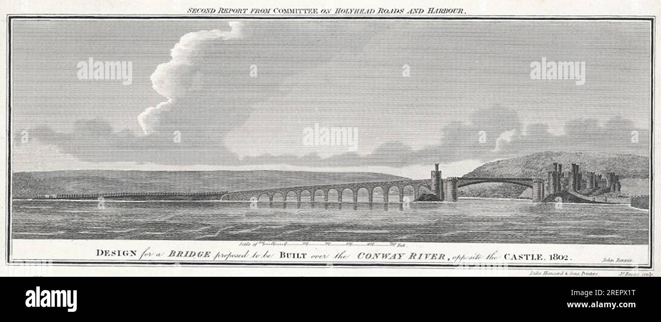 Entwurf für eine Brücke, die über den Conway River gebaut werden soll, gegenüber der Burg 1802 1810 von James Basire Stockfoto
