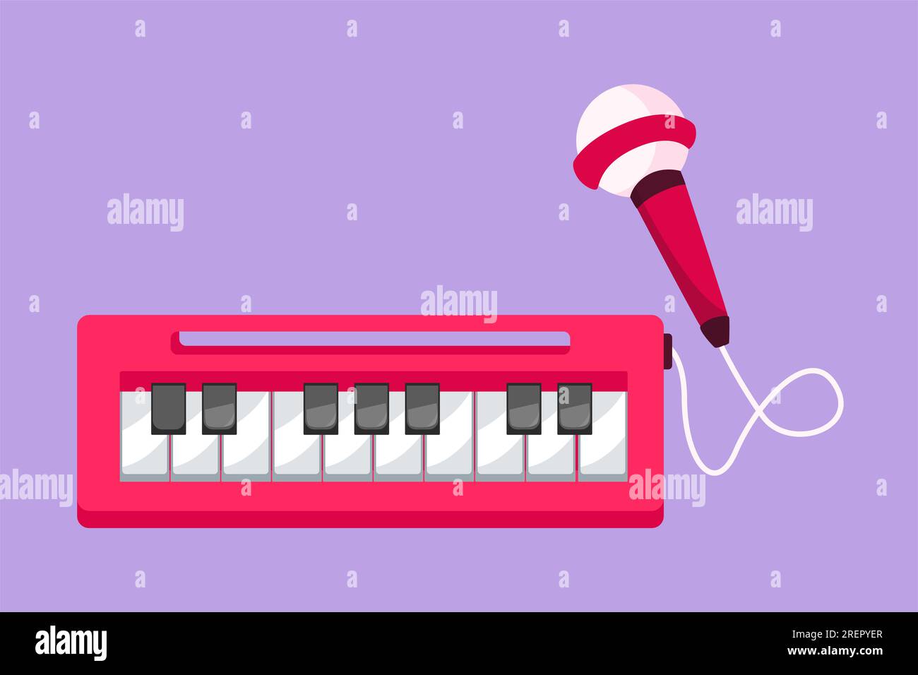 Flache grafische Zeichnung eines elektrischen Spielzeugpianos mit Mikrofon. Kinder Musikspielzeug mit elektronischer Klaviertastatur Musikinstrument mit Mikrofon Stockfoto