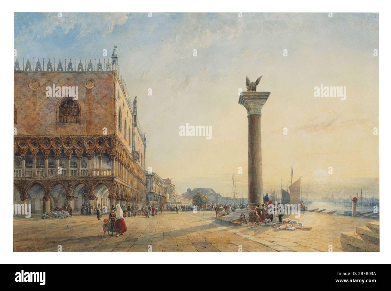 Sonnenaufgang über dem Markusplatz, Venedig, mit dem Löwen des Markusplatzes auf der rechten Seite bei William Wyld Stockfoto