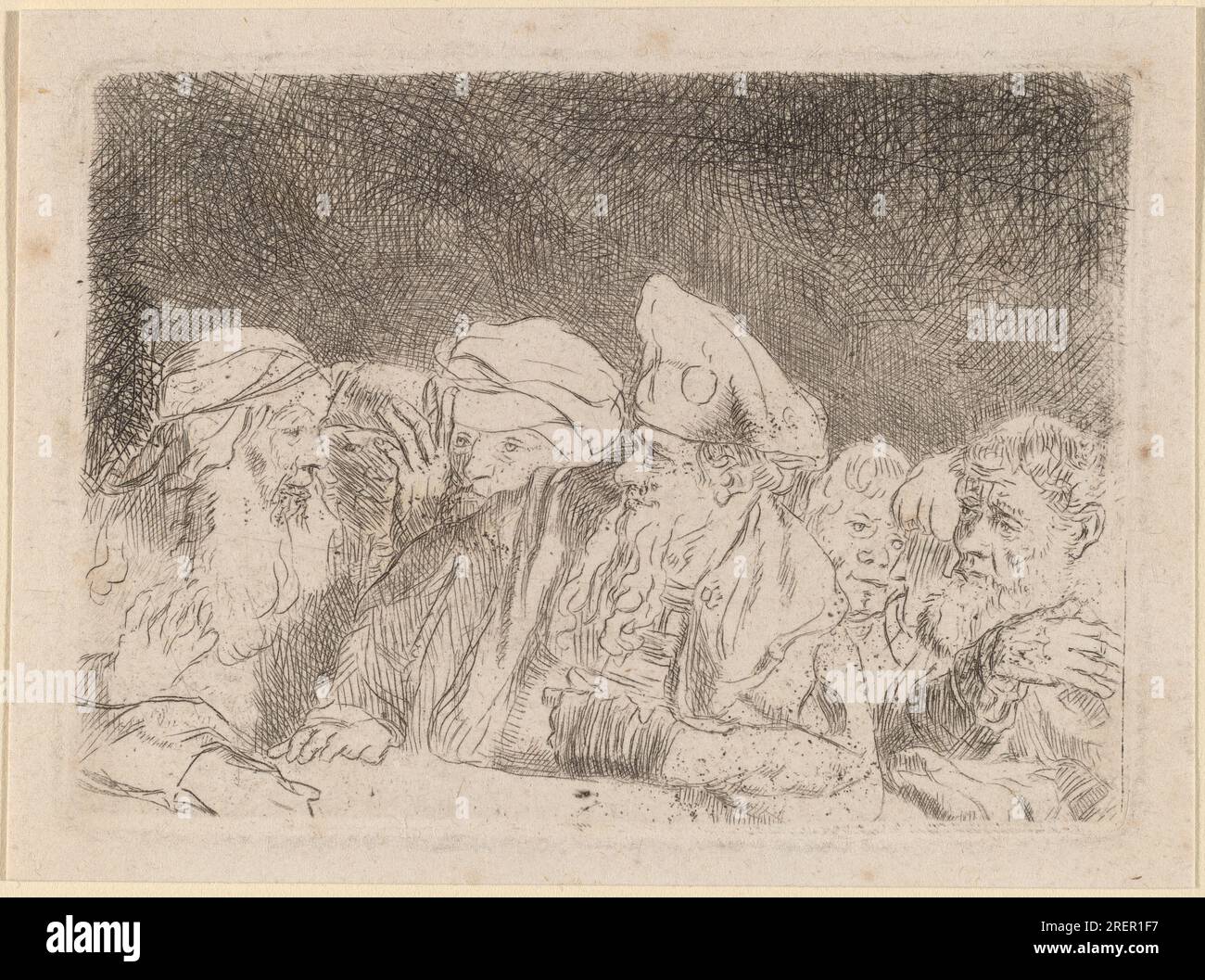 „Rembrandt van Rijn und William Baillie, The Pharisees debattieren (Fragment from the 100 Guilder Print), c. 1649, Ätzen mit Trockenspitze und Gravur auf liegendem Papier, Platte: 14,2 x 7,5 cm (5 9/16 x 2 15/16 Zoll) Bogen: 15 x 8,2 cm (5 7/8 x 3 1/4 Zoll), Geschenk von Herrn und Frau Andrew Robison, 2006.123.3' Stockfoto