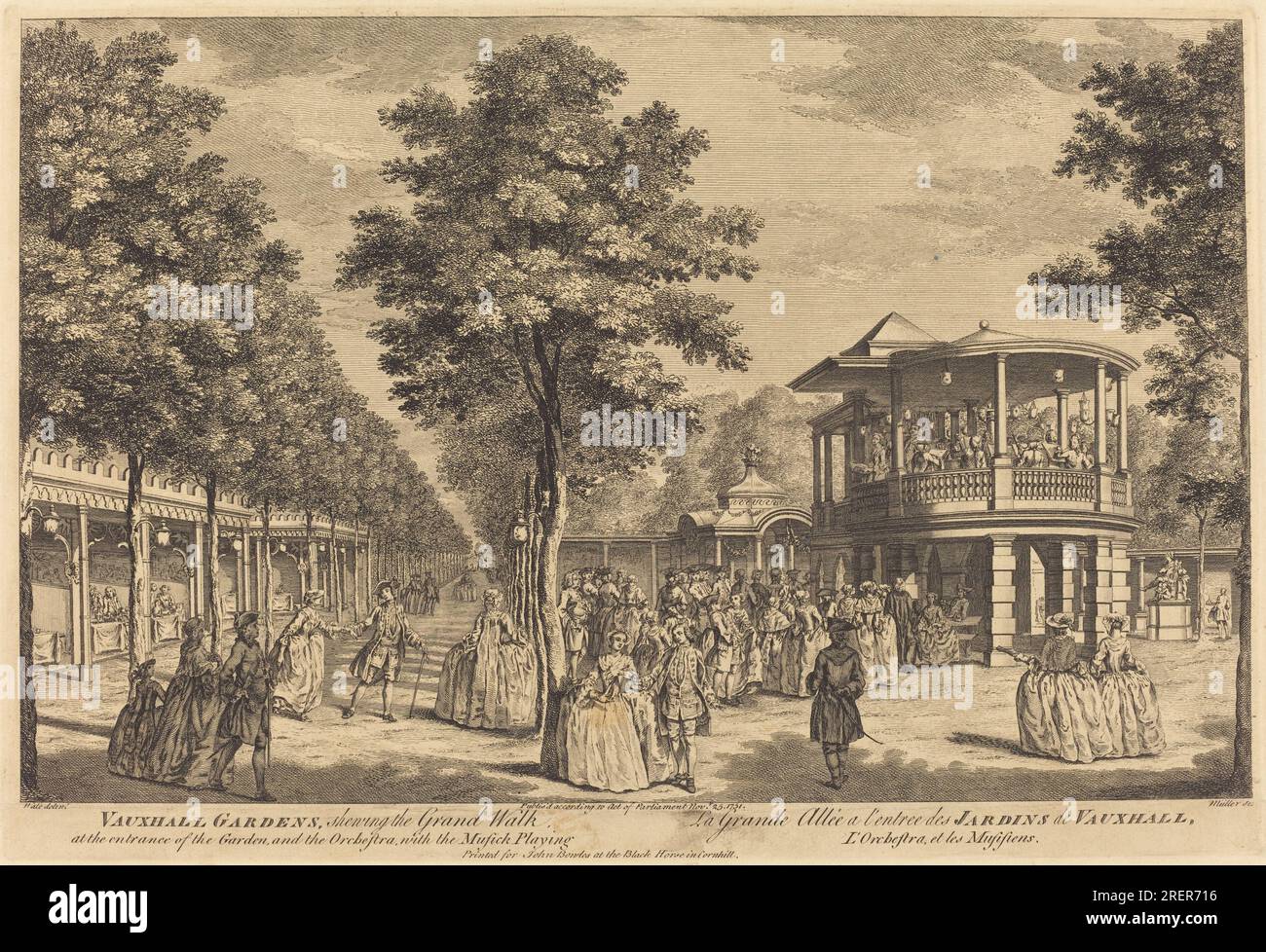 Johann Sebastian Müller nach Samuel Wale, Vauxhall Gardens, die den Grand Walk am Eingang des Gartens und des Orchesters mit Musikspielen, 1751, Ätzen und Gravieren auf liegendem Papier, Teller: 28,2 x 41,5 cm (11 1/8 x 16 5/16 Zoll) Blatt: 32,6 x 45,3 cm (12 13/16 x 17 13/16 Zoll), Ailsa Mellon Bruce Fund, 1996.69.4' Stockfoto