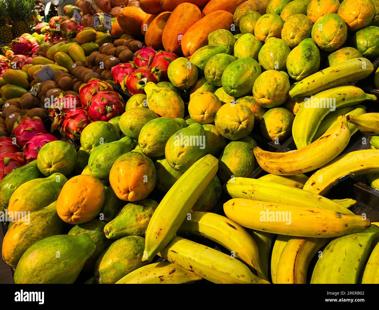 Tropische Früchte zum Verkauf in einem Supermarkt Stockfoto