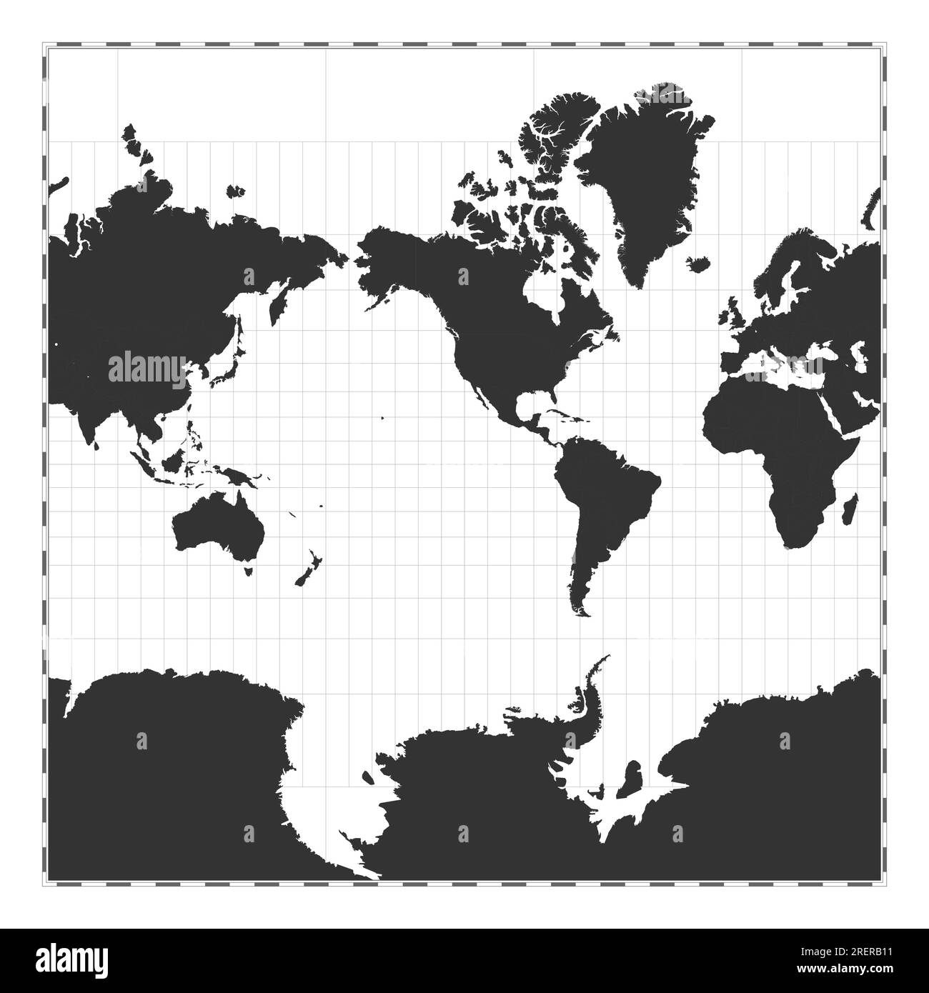 Vector-Weltkarte. Sphärische Mercator-Projektion. Geografische Karte mit Breiten- und Längengraden. Zentriert auf 120deg E-Längengrad. Vecto Stock Vektor