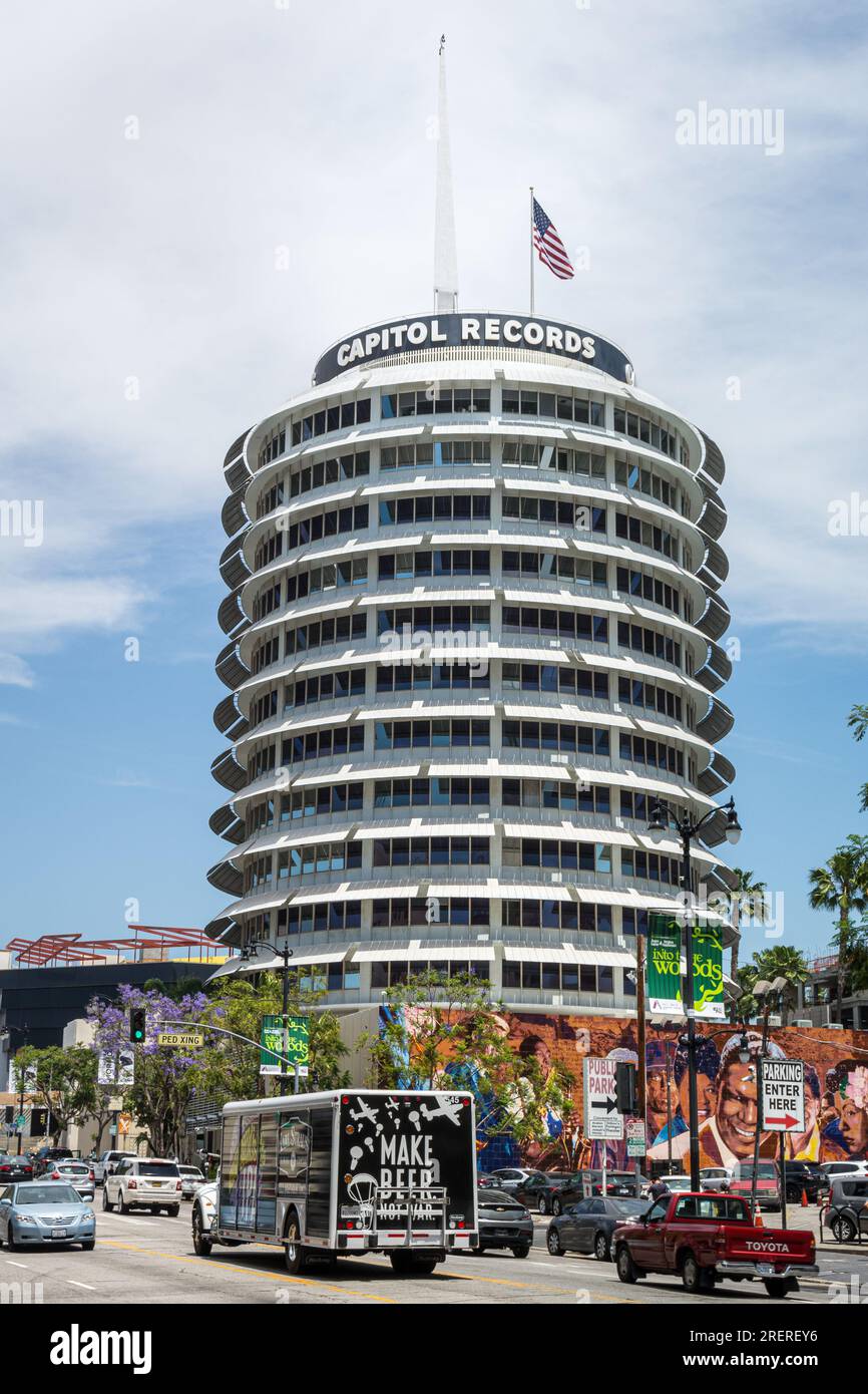 Der berühmte Capitol Records Tower in Hollywood und Vine in Hollywood, Kalifornien. Stockfoto