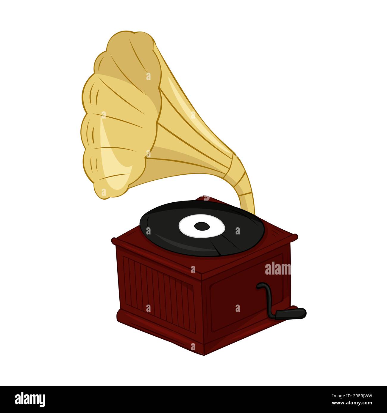 Oldtimer-Grammophon mit Vinylaufnahme auf Disc. Gramophone Schallplatten zeichnen Retro-Spieler isoliert auf weißem Hintergrund auf. Stock Vektor