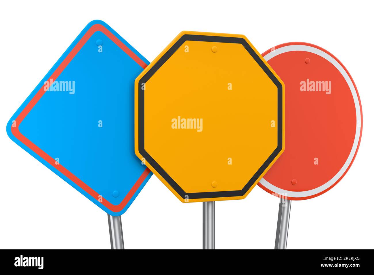 Straßenschilder am Pol isoliert auf weißem Hintergrund. 3D Modell der Straßenverkehrszeichenvorlage rendern Stockfoto