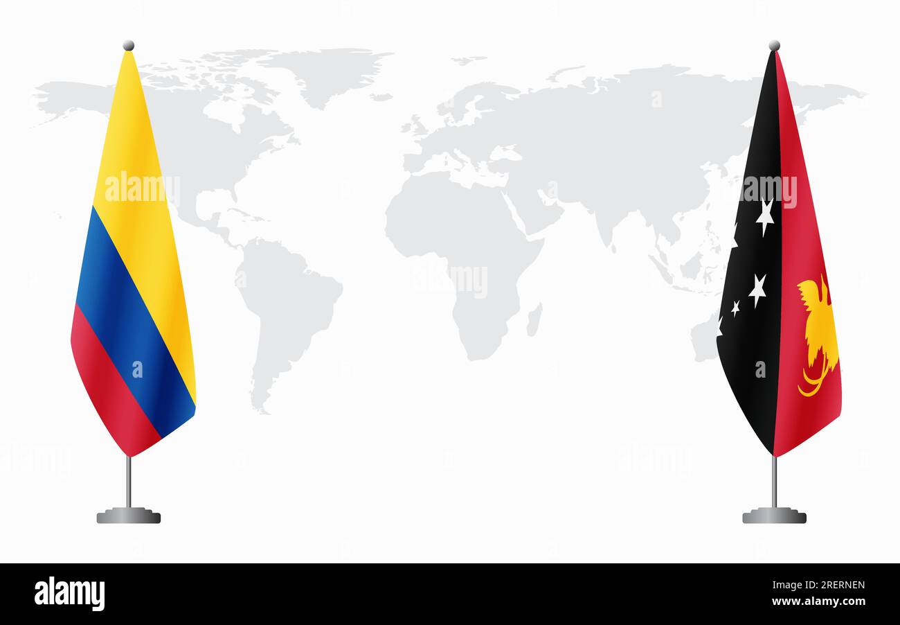 Flaggen Kolumbiens und Papua-Neuguineas für offizielles Treffen vor dem Hintergrund der Weltkarte. Stock Vektor