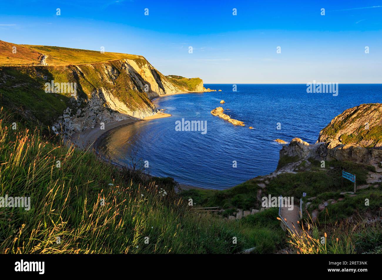 Man O' war Cove im Abendlicht, Bucht an der Kreideküste, Dorset, England, Großbritannien Stockfoto