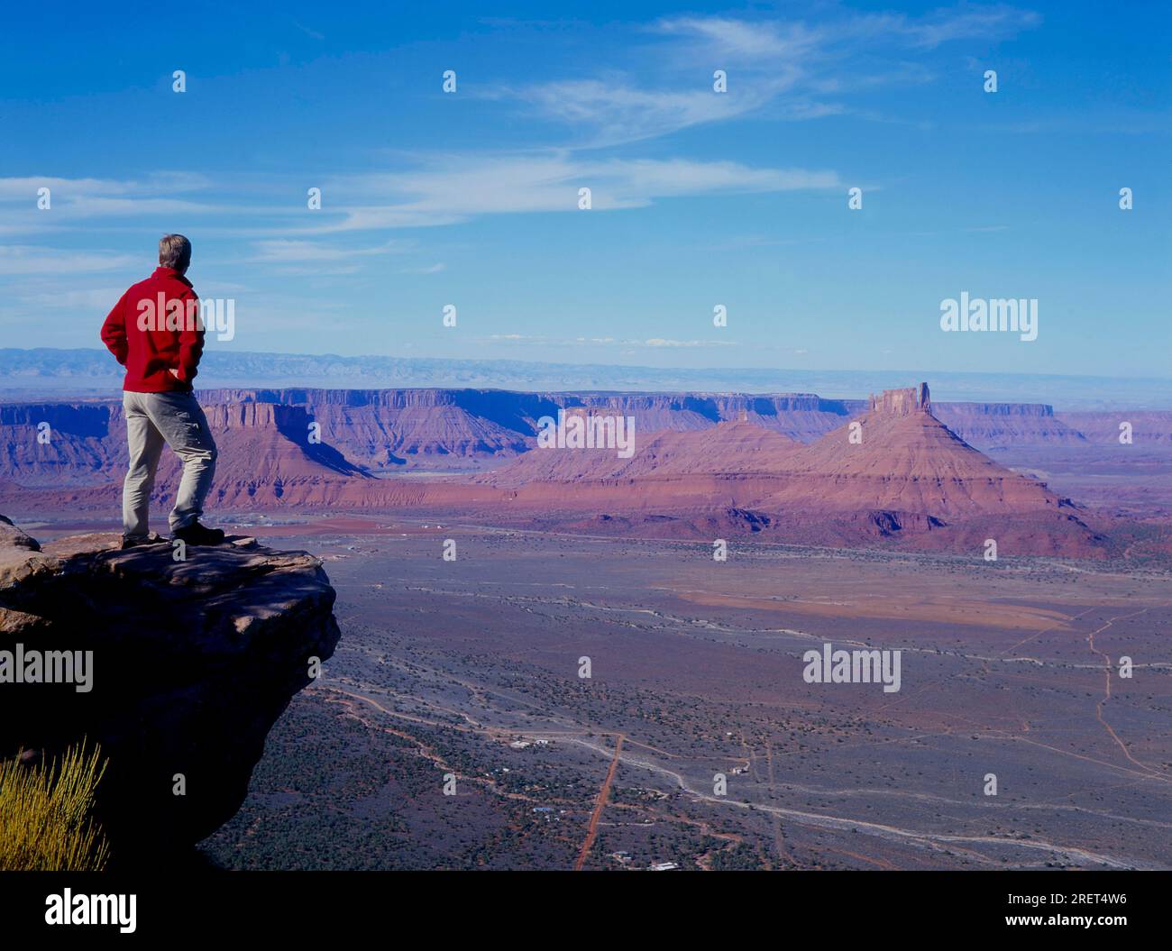 Blick vom Porcupine Rim zum Castle Valley mit Castleton Tower, Wanderer, Wanderer, Besucher, Colorado Riverway, Utah, USA Stockfoto