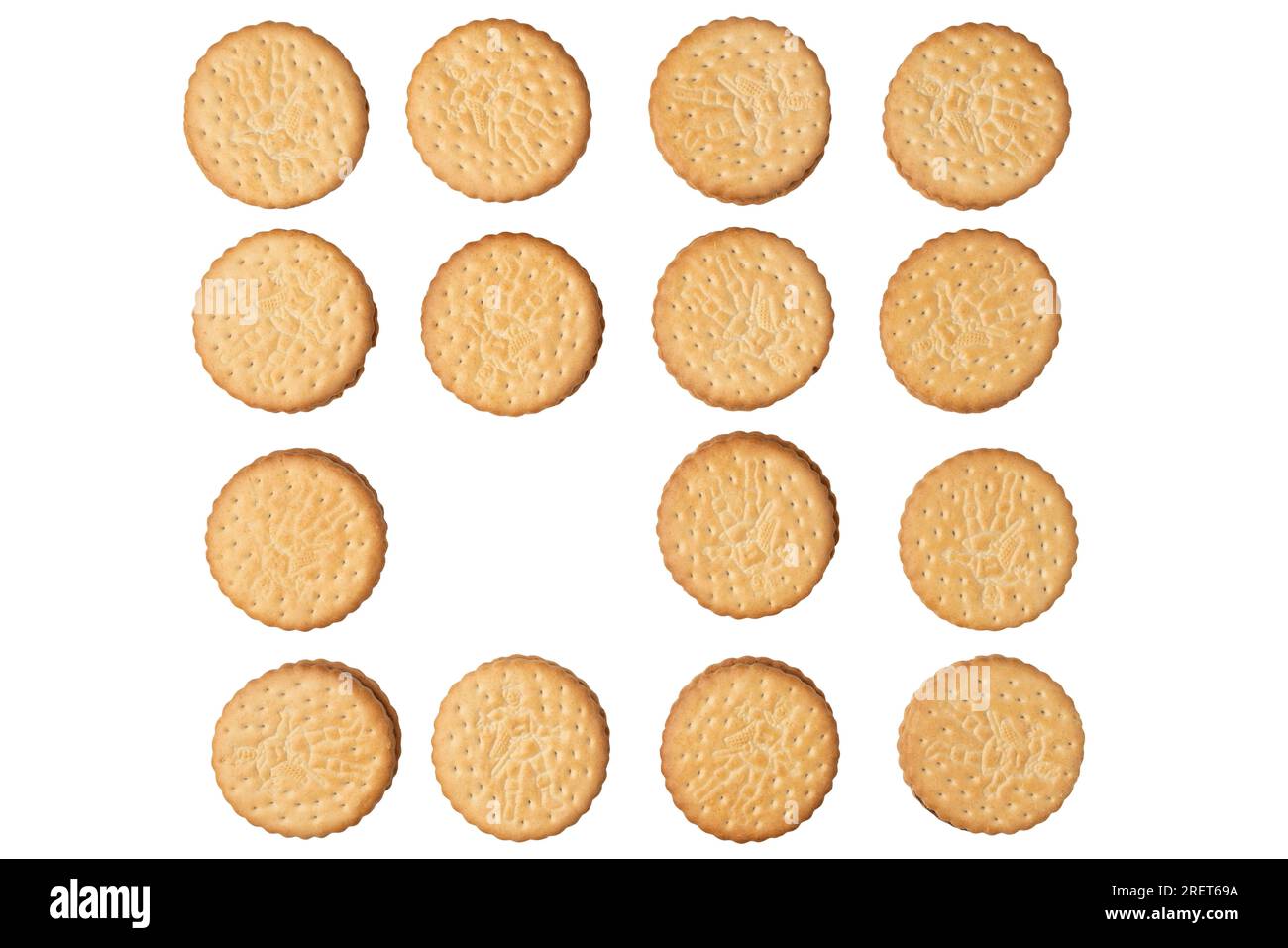Doppelte Kekse in Reihen, ein Platz leer, auf Weiß Stockfoto