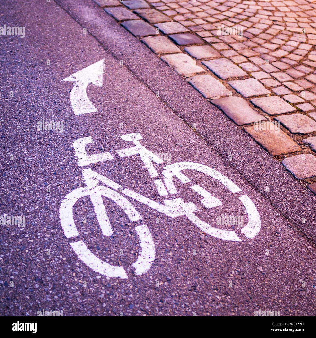 Fahrradschild auf der Straße nach rechts Stockfoto