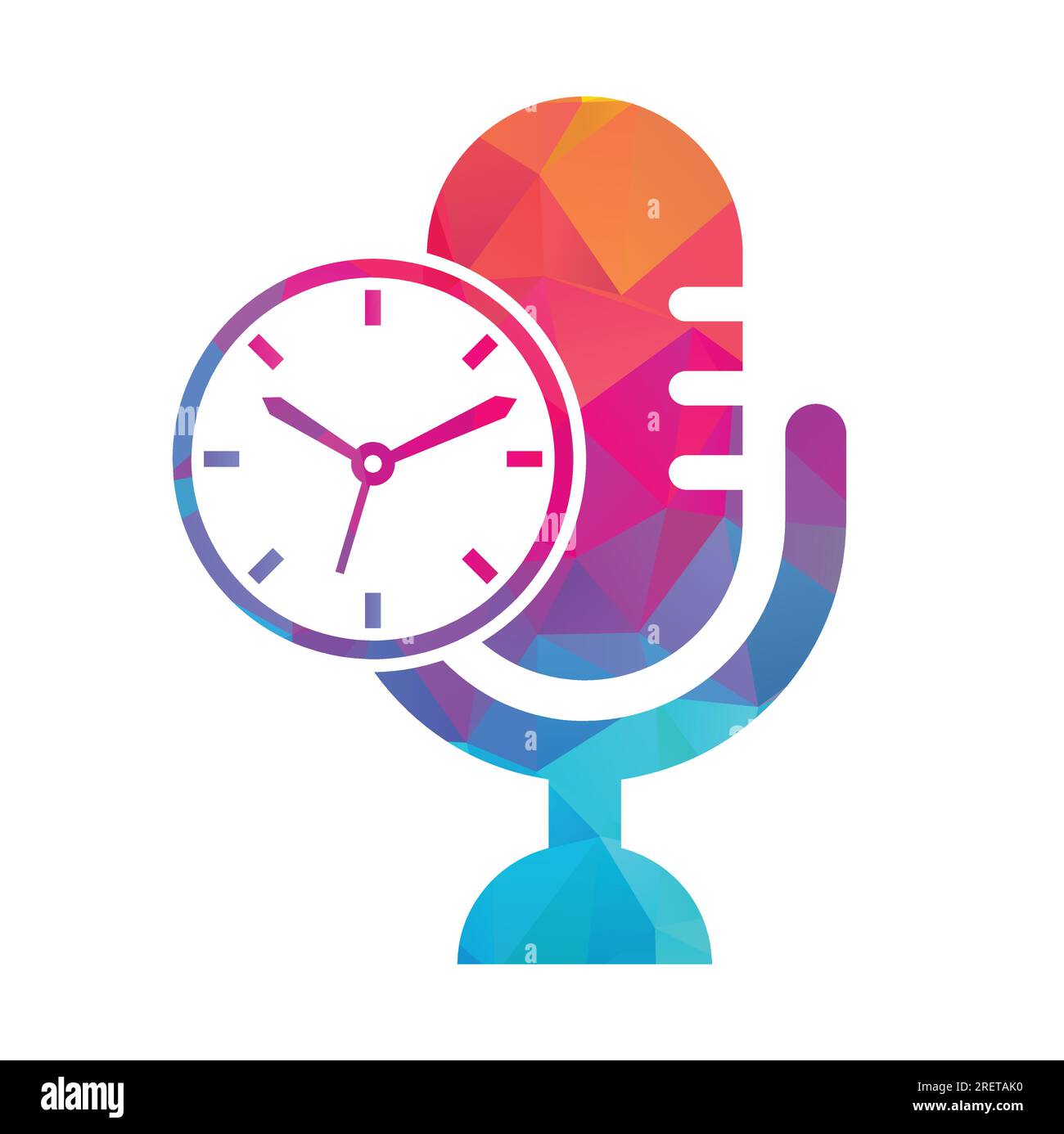 Design-Vorlage für Podcast Time Vector Logo. Logo-Symbol für MIC Clock Vector. Stock Vektor