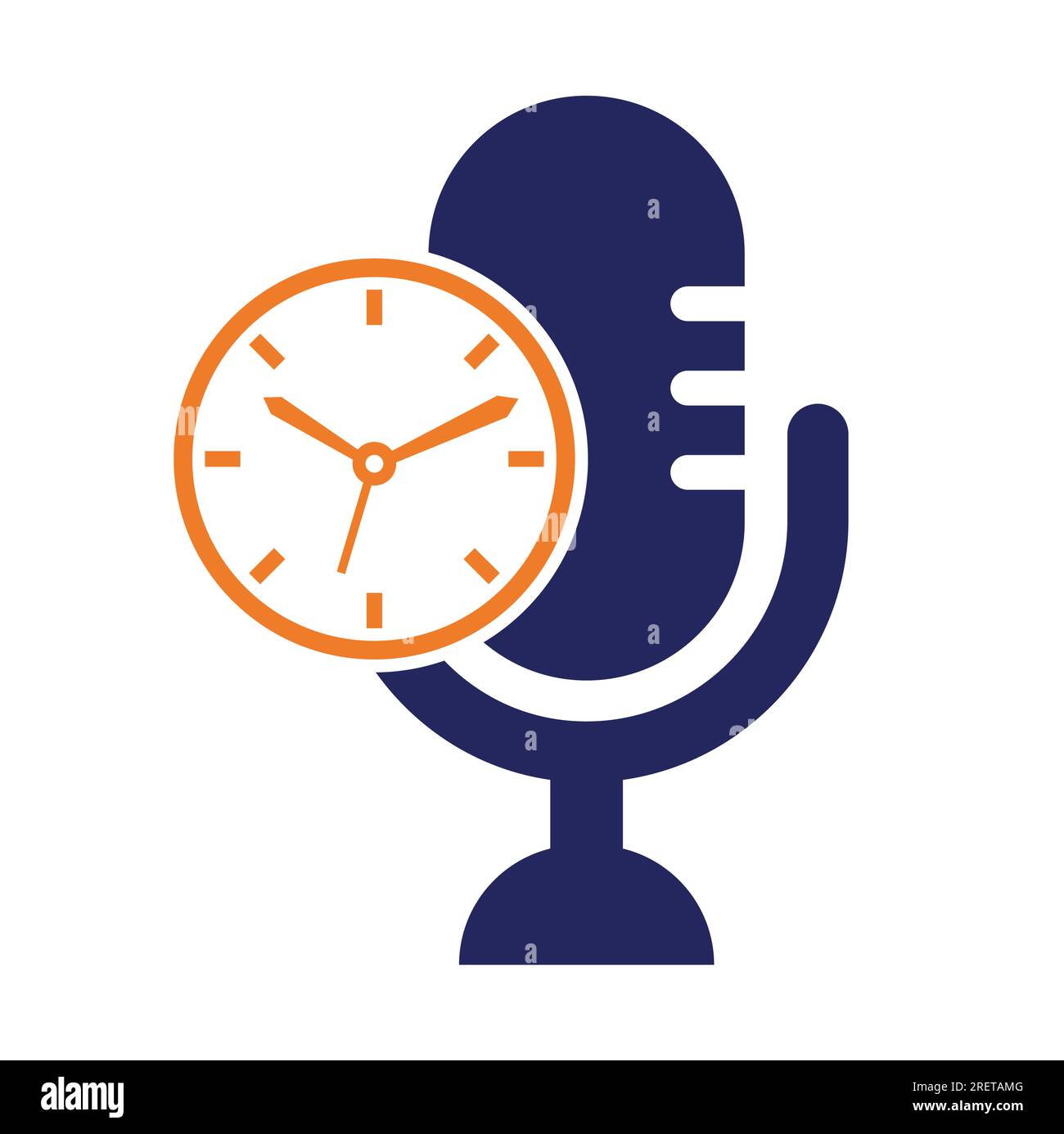 Design-Vorlage für Podcast Time Vector Logo. Logo-Symbol für MIC Clock Vector. Stock Vektor