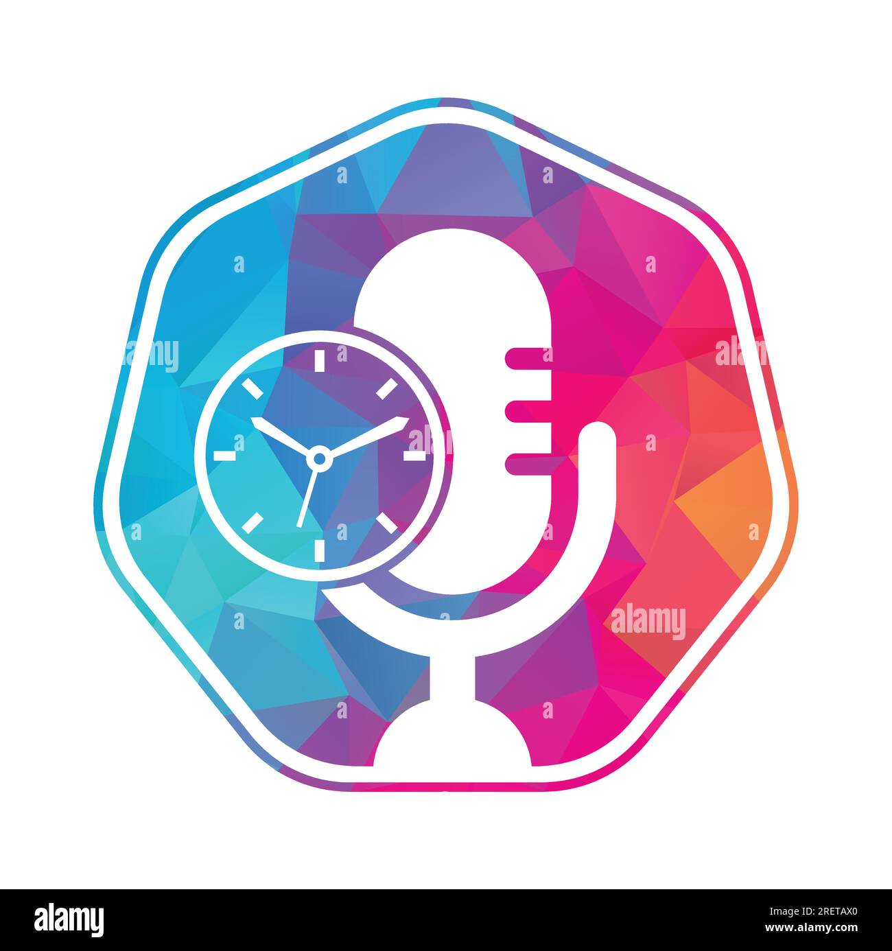 Design-Vorlage für Podcast Time Vector Logo. Logo-Symbol für MIC Clock Vector. Stock Vektor