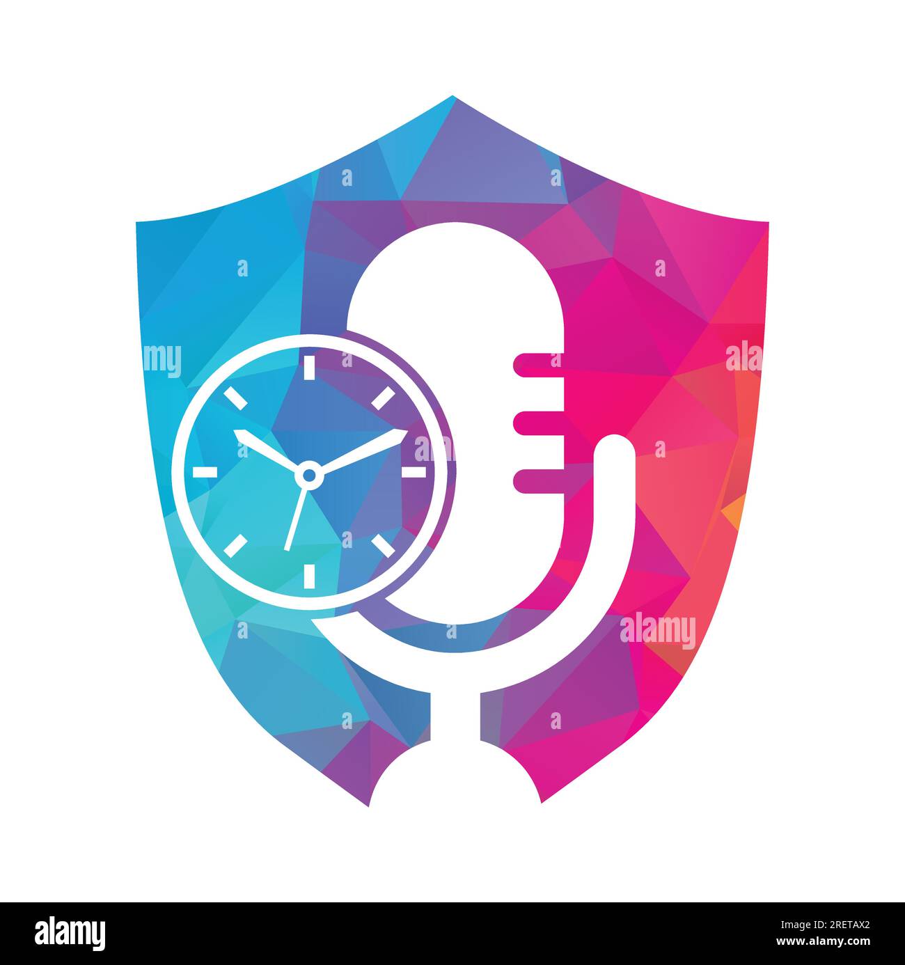 Design-Vorlage für Podcast Time Vector Logo. Logo-Symbol für MIC Clock Vector. Stock Vektor