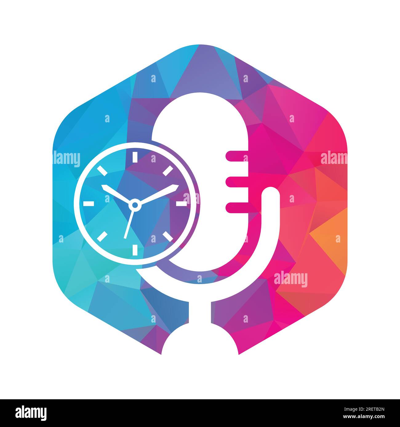 Design-Vorlage für Podcast Time Vector Logo. Logo-Symbol für MIC Clock Vector. Stock Vektor