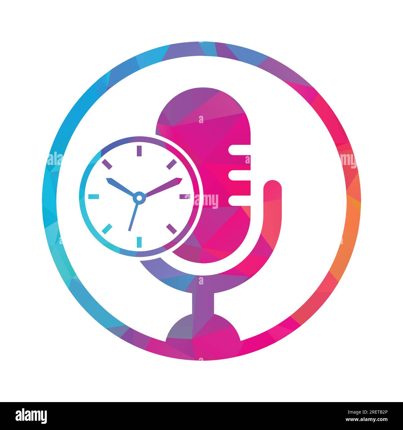 Design-Vorlage für Podcast Time Vector Logo. Logo-Symbol für MIC Clock Vector. Stock Vektor